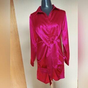 Y2K Glam Morrisday Satin Wrap Dress Barbiecore Fuchsia Size Medium New